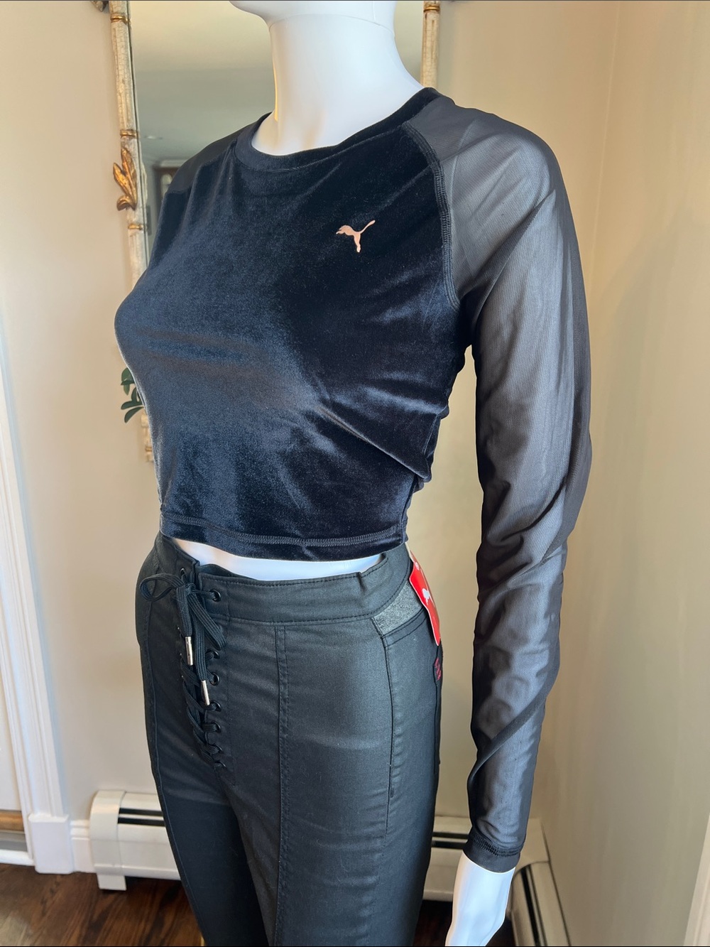 Puma Black Velvet Crop Top with Sheer Long Sleeves and Rose Gold Logo